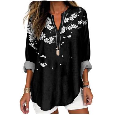 Imagem de Camiseta MARSVOVO branca com estampa floral de manga comprida para mul