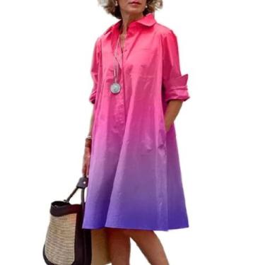 Imagem de Vestido feminino Zhyaj, manga comprida, botão, rosa, decote em V