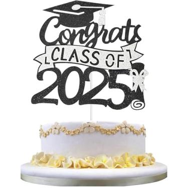 Imagem de Chewarelly 1 pacote de topo de bolo classe 2024, decoração de bolo com glíter, parabéns, graduação, palitos de bolo de formatura para decoração de festa de graduação do ensino médio (preto com prata)