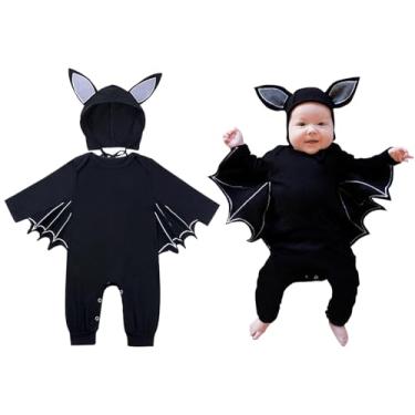 Imagem de AGQT Fantasia de Halloween para bebês bebês bebês meninas macacão de morcego preto para bebês meninos capa macacão chapéu manga longa 2 peças conjunto de roupa chapéu de morcego tamanho 6-12 meses