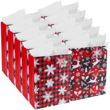 Imagem de RACHELLE'S Sacos de presente de Natal xadrez – Grande 40,6 x 30,5 x 12,7 cm (pacote com 10) – Sacos de presente de papel resistente com papel de seda, etiqueta e alça - Perfeito para presentes de