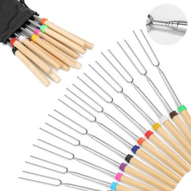 Imagem de Hadoife - Conjunto de 12 Espetos de Madeira para Torra de Marshmallow, Garfos Telescópicos, 81 cm, com Bolsa Portátil para Hot Dog Campfire Camping Stove BBQ Tools