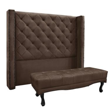 Imagem de Cabeceira Cama Box Queen 160cm e Recamier Vicenza Veludo Marrom S04 - D'Rossi