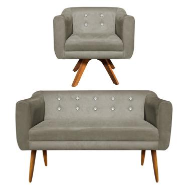 Imagem de Kit 01 Namoradeira 02 Lugares e 01 Poltrona Giratória Julia Suede Marrom Rato com Strass Base Madeira MM30 D'Rossi