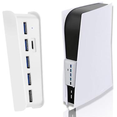Imagem de Hub USB de 6 entradas para acessórios PS5, adaptador divisor de alta velocidade, 4 entradas USB + 1 entrada de carregamento USB + 1 tipo C, para conectores frontais do console PlayStation 5, branco