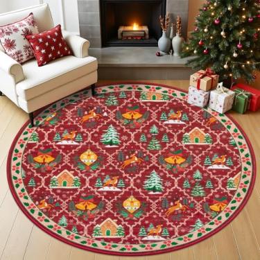 Imagem de HEBE Tapete redondo para área de Natal, tapete redondo antiderrapante para sala de estar, tapetes circulares macios laváveis para quarto, Natal, tapete redondo para sala de jantar, decoração de Natal