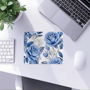 Imagem de Mouse pad floral azul vintage, mouse pad retrô azul e branco rosa floral mousepad para escritório em casa, dormitório, laptop, computador, acessórios de mesa, suprimentos, 21 x 19 cm