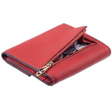 Imagem de Carteira pequena compacta com bloqueio de RFID, porta-moedas, porta-moedas com três dobras, porta-cartões de crédito, bolso para mulheres, Vermelho Napa, Bonito