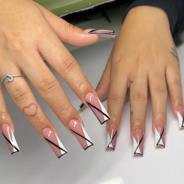 Imagem de Kit de unhas postiças longas com design simples de cola em gel nas unhas para mulheres, cobertura completa, bastão falso de acrílico, manicure para casamento, 24 peças