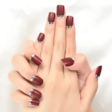 Imagem de Red French Press on Nails Unhas postiças redondas curtas reutilizáveis pontas de arte de unhas falsas