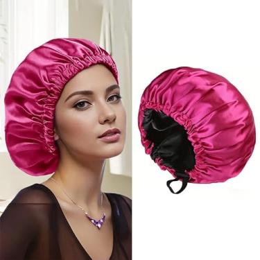 Imagem de 1 gorro de cetim clássico ajustável com dois lados, touca de cabelo de poliéster com faixa elástica, touca de dormir e chuveiro, vermelho