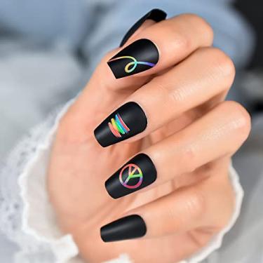 Imagem de Pregos postiços médios de caixão pretos, pretos, capa completa, fosca, kit de unhas postiças para mulheres - 24 peças/conjunto