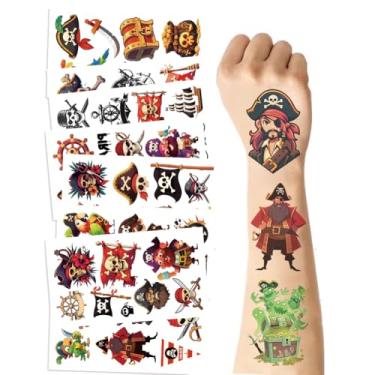 Imagem de 72 peças de tatuagens de pirata temporárias para crianças, 10 folhas de adesivo corporal de tatuagem temporária de navio pirata para lembrancinhas de festa de aniversário