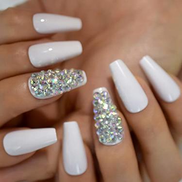Imagem de Unhas de pressão de caixão com strass cor branca média longa unhas postiças cobertura completa manicure
