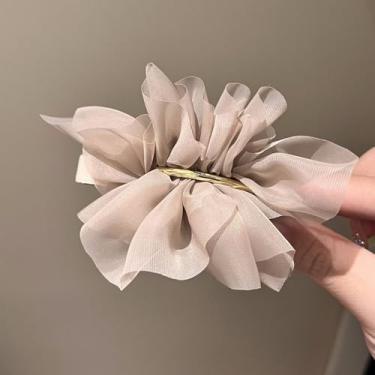 Imagem de Grampo de cabelo de metal, acessórios de cabelo, rabo de cavalo, prendedor de cabelo, flor de chiffon (cáqui)