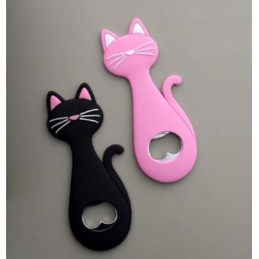 Imagem de 1 peça abridor de cerveja magnético desenho animado gato alça fácil de segurar para montagem em geladeira casa bar cozinha pátio porta traseira, rosa