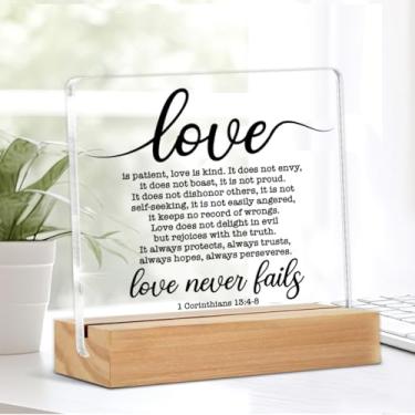 Imagem de Decoração de sinal de amor, decoração de amor nunca falha, presente cristão inspirador para homens e mulheres, presentes cristãos religiosos 1 Coríntios 13: 4-8 escritura sinal acrílico lembrança