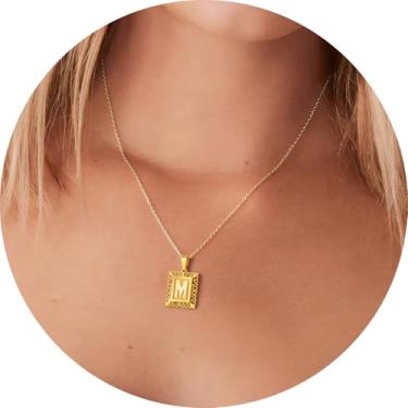 Imagem de Colar com letra inicial para mulheres, aço inoxidável banhado a ouro 18K, pingente retangular A–Z, corrente de 50,8 cm, 20in, Aço inoxidável, Sem Pedra Preciosa
