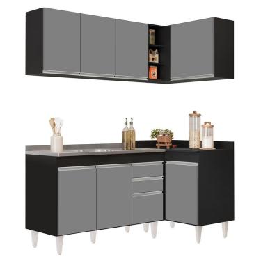 Imagem de Armário De Cozinha Modulado De Canto Esquerdo 4 Peças Cp48 Com Pia Inox Preto/cinza - Lumil