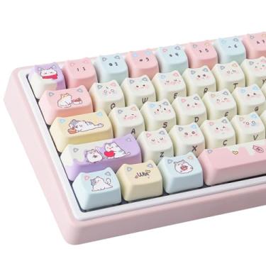 Imagem de Tsungup PBT Keycaps Mao Profile-Pink Cream Keycaps, 127 teclas tema gato escondido fofo capas de teclado personalizadas, conjunto de subteclas dye para 60%, 65%, 75%, 100% teclado mecânico