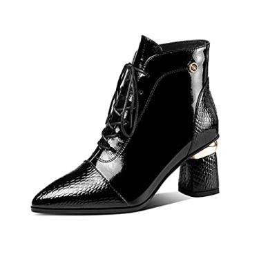 Imagem de TinaCus Patente e couro legítimo bota feminina feita à mão salto bloco bico fino com cadarço no tornozelo, C Preto, 8.5