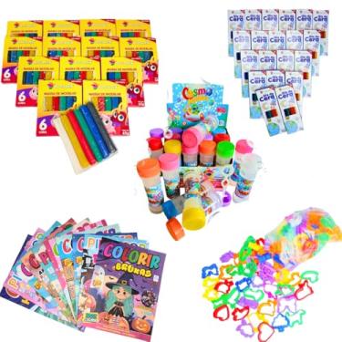 Imagem de Kit 10 Massinha Modelar + 10 Bolha Sabão + 10 Giz Cera + 20 Corta + 10 Colorir Lembrancinha Infantil
