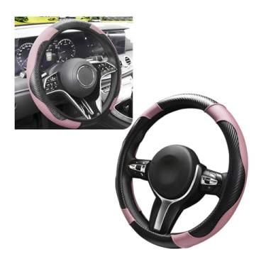 Imagem de MTRPS Capa de volante de carro, protetor de volante elástico antiderrapante com costura de couro de 38 cm, capa de volante respirável e confortável universal para a maioria dos veículos (preto e rosa)