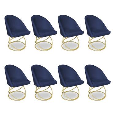 Imagem de Kit 08 Cadeiras Poltrona De Jantar Bela Suede Base Metálica Luxo Dourado - Pallazio Cor Azul Marinho
