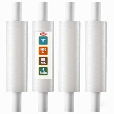 Imagem de Envoltório elástico com alça de força industrial, pacote com 4 unidades de 28 cm x 300 pés | Calibre 60 de espessura (15 mícrons) Suprimentos de palete de plástico transparente | Autoaderente ● Embalagem ● Movimentação ● Rolos de filme retrátil para serviço pesado