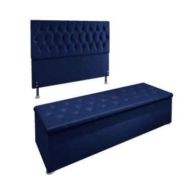 Imagem de Kit Cabeceira Calçadeira Baú Casal 140cm Azul Marinho