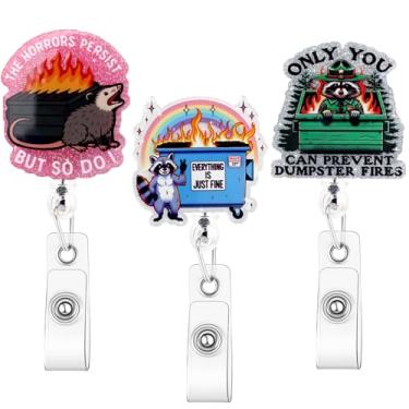 Imagem de Tmtains Carretel de crachá de enfermeira engraçado, 3 peças, guaxinim, gambá de guaxinim, carretel de crachá de fogo com clipe de jacaré retrátil para trabalhador médico, acessórios para presentes de