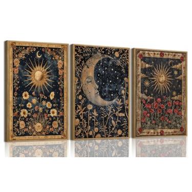 Imagem de ZZTCYSU Arte de parede em tela celestial arte de parede emoldurada sol e lua cartão de tarô vintage escuro Academia impressões góticas arte mística para sala de estar quarto banheiro 41 x 61 cm