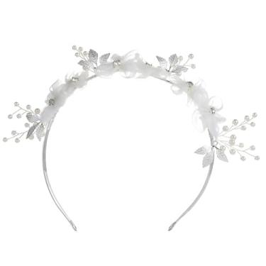 Imagem de Tiara de tule branco com flores, folhas prateadas e detalhes de pérolas, coroa de cabelo elegante para casamentos e festas