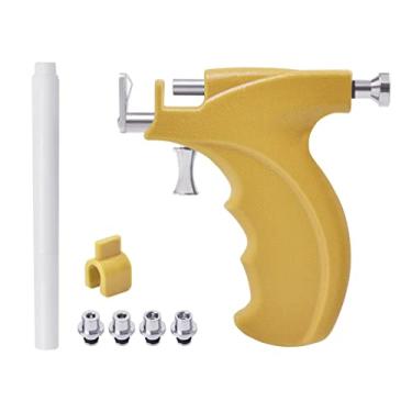 Imagem de barenx Kit de piercing de orelha, ferramenta de piercing de nariz, máquina de piercing de umbigo corporal de aço inoxidável com 4 cabeças de brinco - amarelo
