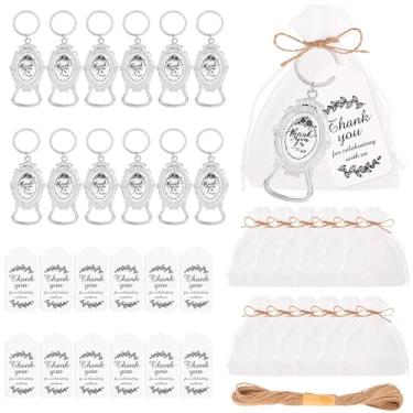 Imagem de LUMINFLY Doze chaveiros abridores de garrafas com bolsas de organza, chaveiros de liga de zinco prata com etiquetas de agradecimento, perfeitos para casamentos, festas e batizados