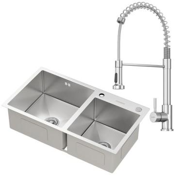 Imagem de Kit Cuba Dupla Gourmet Nápoles Aço Inox 304 e Torneira Gourmet Milão M