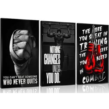 Imagem de 3 peças de arte de parede em tela esportiva de boxe luvas de boxe fitness com citação motivacional pintura de parede decoração de parede preto e branco para quarto de adolescente, dormitório, academia