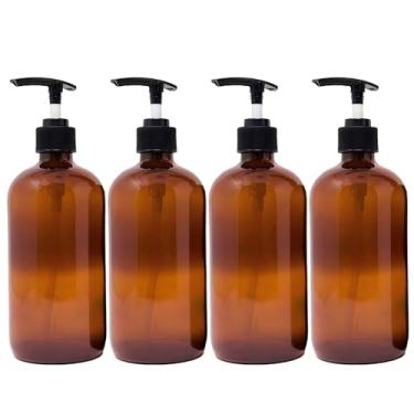 Imagem de 4 pacotes 120 ml frascos dispensadores de vidro âmbar vazios frascos de loção recarregáveis com bomba preta recipientes vazios tamanho viagem para xampu, sabonete, óleos essenciais 11,7 x 4,9 cm