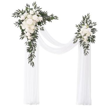 Imagem de Angela flower Conjunto de 4 flores de arco de casamento de luxo com cortinas, 2 peças de arranjos de flores de seda para pendurar em sálvia branca, 2 peças de cortinas de chiffon para cerimônias
