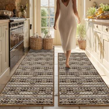 Imagem de Conjuntos de 2 tapetes de cozinha antiderrapantes para piso grosso resistente a manchas vintage tapete de cozinha tapete de corredor para corredores entrada lavanderia lavável (marrom 56 x 149 cm + 51