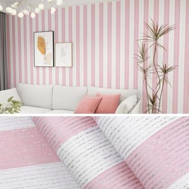 Imagem de Biyoee Papel de parede rosa e branco descasque e cole 39.9 cm x 599.4 cm papel de parede listrado moderno papel de contato autoadesivo para armários móveis renovação cobertura de parede