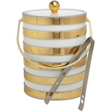 Imagem de Balde de gelo isolado de parede dupla feito à mão nos EUA com pinças de gelo (listras brancas e douradas)