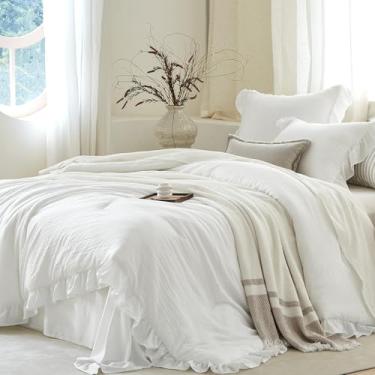 Imagem de softpage Conjunto de cama solteiro com babados, branco, pré-lavado, chique, leve, cottagecore, macio, romântico, aconchegante, 1 edredom e 1 fronha, todas as estações