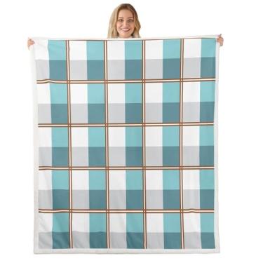 Imagem de jejeloiu Cobertor xadrez sherpa para sofá azul-petróleo branco xadrez super macio aconchegante cobertor geométrico para o inverno, manta de pelúcia de luxo 127 x 152 cm todas as estações