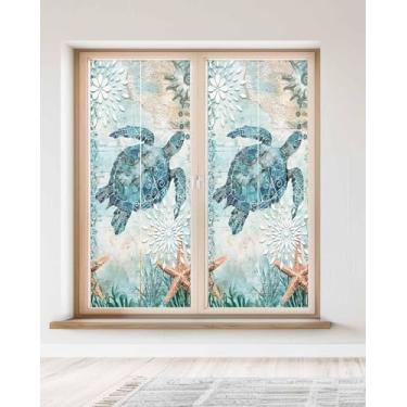 Imagem de Película de privacidade para janela, tartaruga marinha costeira, azul-petróleo, vitral decorativo, protetor solar, capa de janela, verão, náutico, oceano, estrela-do-mar, adesivo autoadesivo estático