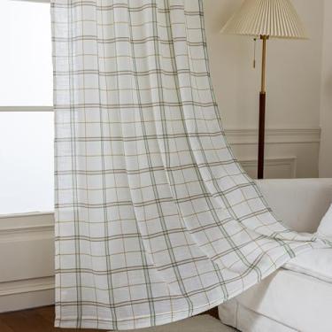 Imagem de SUOUO Cortinas semitransparentes texturizadas de linho xadrez verde para sala de estar 213,4 cm de comprimento com bolso para varão, boho, branco, para sala de jantar, 2 painéis