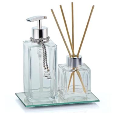 Imagem de Kit Lavabo Prata Vidro com Saboneteira e Difusor 250ml Bandeja Espelhada Decorativa Banheiro Luxo