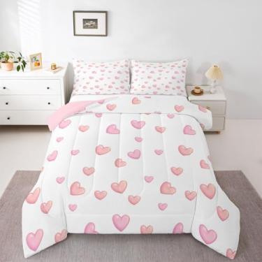 Imagem de jejeloiu Jogo de cama kawaii de coração rosa, tamanho solteiro, para crianças, meninos, meninas, estilo princesa sonhadora, edredom para decoração de quarto, microfibra, 2 peças com 1 fronha