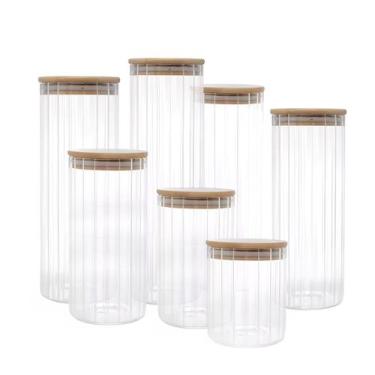 Imagem de Kit Pote Porta Mantimento Vidro Canelado tampa de Bambu 7pçs - Casa Ra