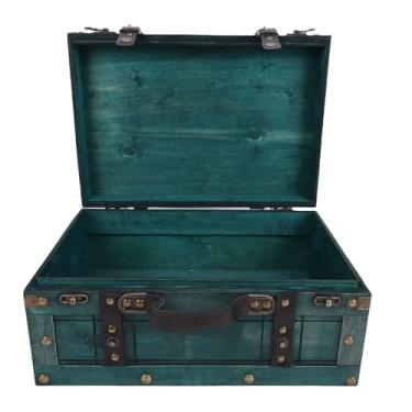 Imagem de Jectse Baú de Armazenamento Vintage, Mala de Madeira retrô Com Alça de Couro PU e Acessórios de Liga de Alumínio, para Decoração de Casa, Armazenamento de Joias, Adereço de Fotografia (Retro Verde